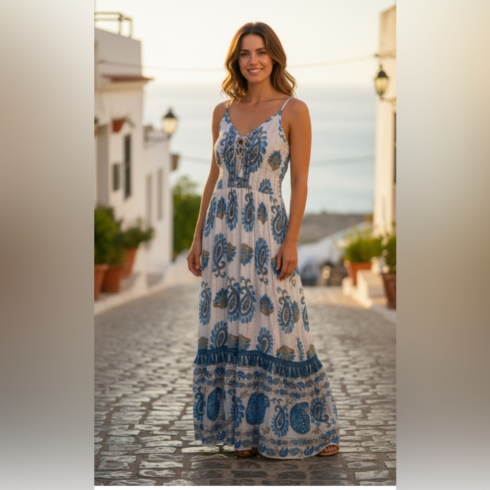 Me 2 Magic bohemian floral paisley ruffle smocked maxi dress blue cream sz M